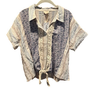 NEW hem & thread boutique  “mixed media tie front” button down size large